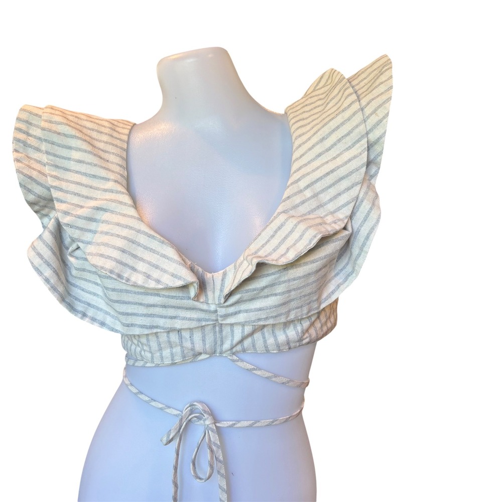 L'atiste by Amy Striped Linen Ruffle Wrap Crop Top Cottagecore Boho S